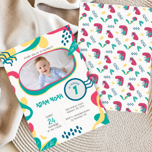 Colorful Hand Drawn 1st Birthday Photo Invitation