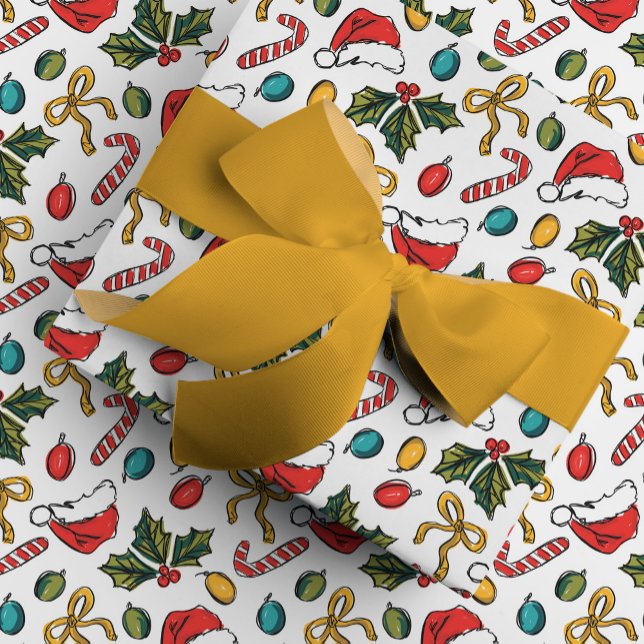 Colorful Hand Drawn Christmas Sketches Wrapping Paper (Hand-drawn Christmas sketches festive holiday gift wrapping paper.)