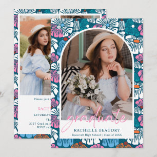 Colorful Hand Drawn Floral Photo Graduation Party Invitation