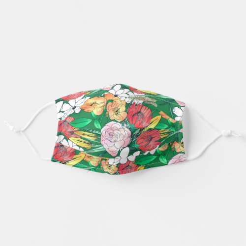 Colorful Hand Drawn Flowers Green Girly Design Adult Cloth Face Mask