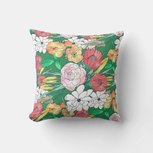 Colorful Hand Drawn Flowers Green Girly Design Outdoor Pillow