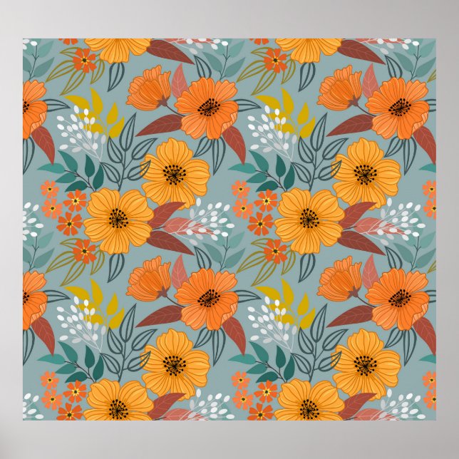 Colorful Hand Drawn Flowers Pattern Poster (Front)