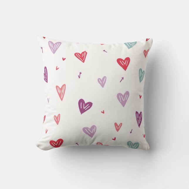 Colorful Hand-Drawn Hearts Throw Pillow (Front)
