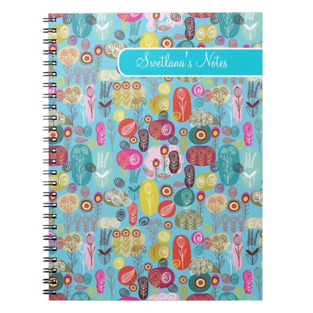 Colorful Hand Drawn Retro Flowers-Monogram Notebook (Front)