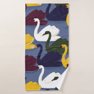 Colorful hand drawn swan bird in the blue lake sea bath towel