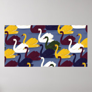 Colorful hand drawn swan bird in the blue lake sea poster