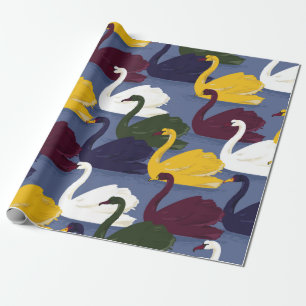 Colorful hand drawn swan bird in the blue lake sea wrapping paper