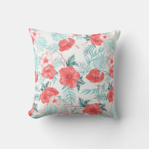 Colorful hand-drawn tropical pattern with bright h throw pillow