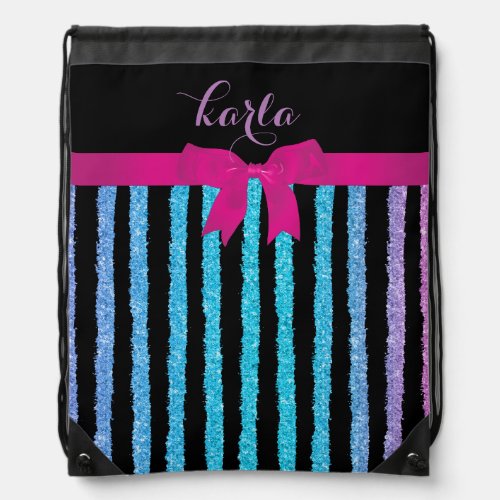 Colorful Hand painted Glitter Stripes Pink Ribbon Drawstring Bag