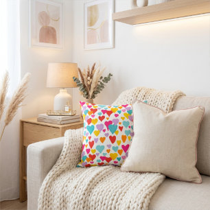 Colorful Hand Painted Happy Hearts Pattern Throw Pillow