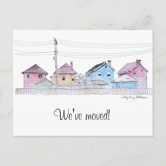 Colorful Hand-Painted Houses Moving Announcement Postcard (Front)