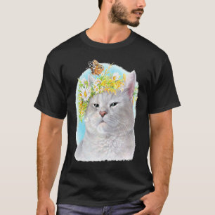 Colorful Hand Painted Kitty Cat Portrait Butterfly T-Shirt