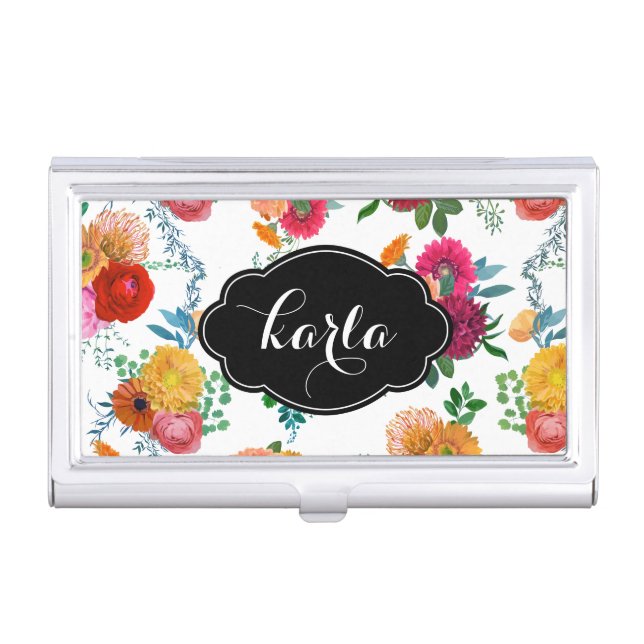 Colorful Hand Painted Spring Flowers Illustration Business Card Holder (Front)
