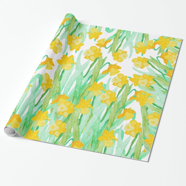 Colorful hand painted watercolor daffodil flowers wrapping paper (Unrolled)