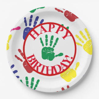 Colorful Hand Print Fifth Birthday Party Paper Plates