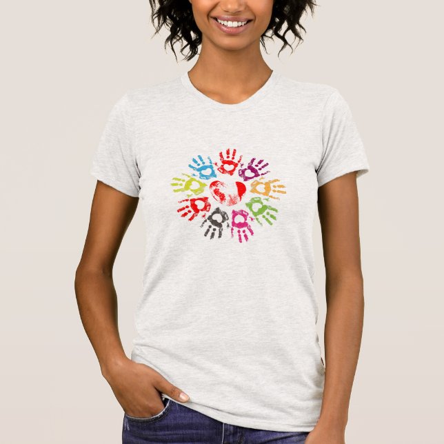 Colorful Hand Prints And Hearts T-Shirt (Front)