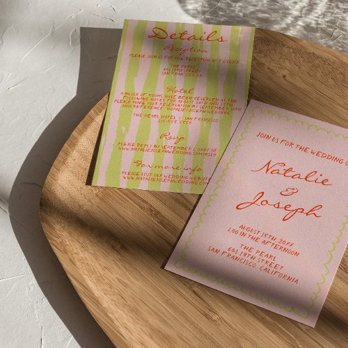 Colorful Hand Written Pinstripe All In One Wedding Invitation