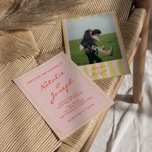 Colorful Hand Written Pinstripes Photo Fun Wedding Invitation