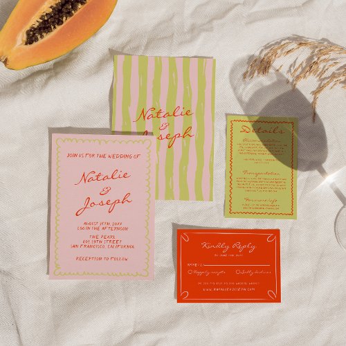 Colorful Hand Written Pinstripes Whimsical Wedding Invitation