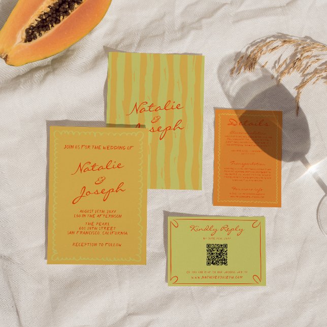 Colorful Hand Written Pinstripes Whimsical Wedding Invitation (Creator Uploaded)