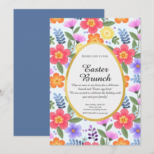 Colorful Handdrawn Floral Blue Gray Easter Brunch Invitation (Front/Back)