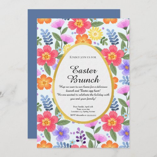 Colorful Handdrawn Floral Blue Gray Easter Brunch Invitation