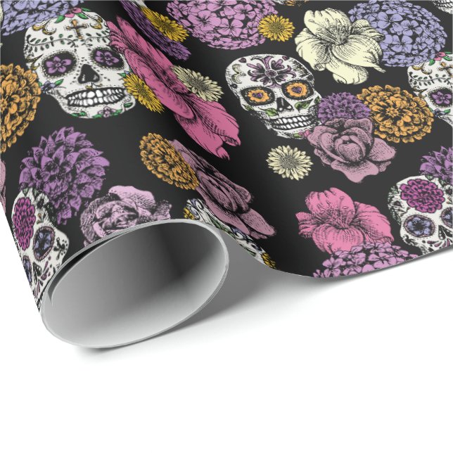 Colorful Handdrawn Mexican Sugar Skulls & Flowers Wrapping Paper (Roll Corner)