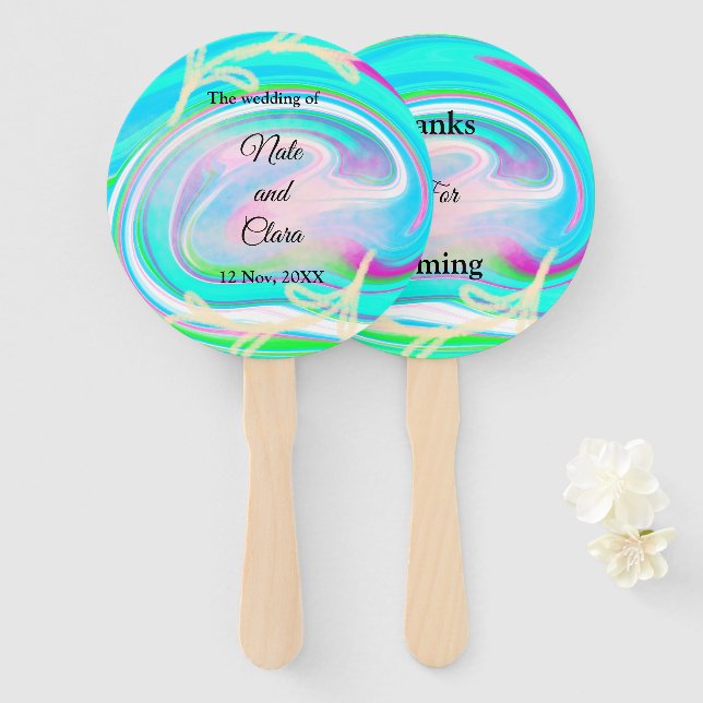 Colorful handpainted acrylic fluid pour wedding hand fan (Front and Back)