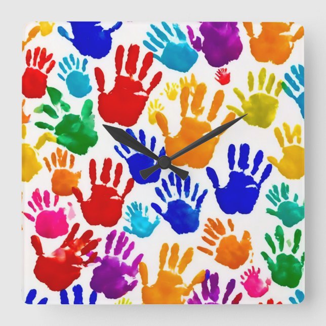 Colorful HandPrint Square Wall Clock (Front)