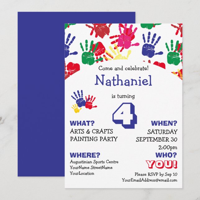 Colorful Handprints Kids Birthday Party Invitation (Front/Back)