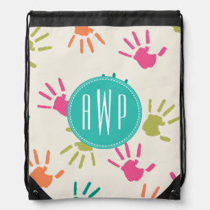 Colorful Handprints Monogram Teacher Drawstring Bag