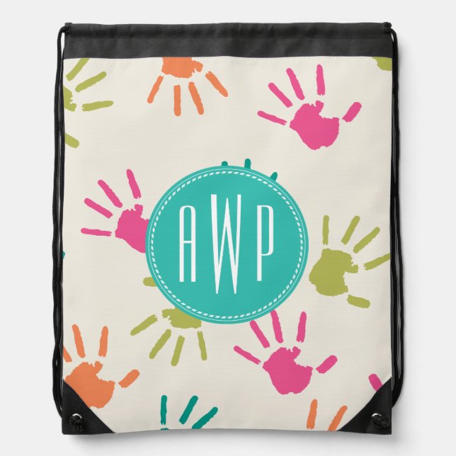 Colorful Handprints Monogram Teacher Drawstring Bag (Front)