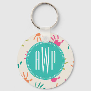 Colorful Handprints Monogram Teacher Keychain