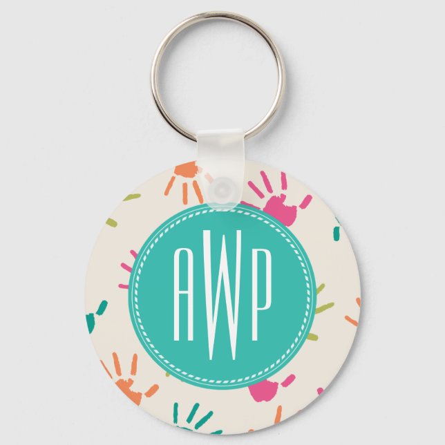 Colorful Handprints Monogram Teacher Keychain (Front)