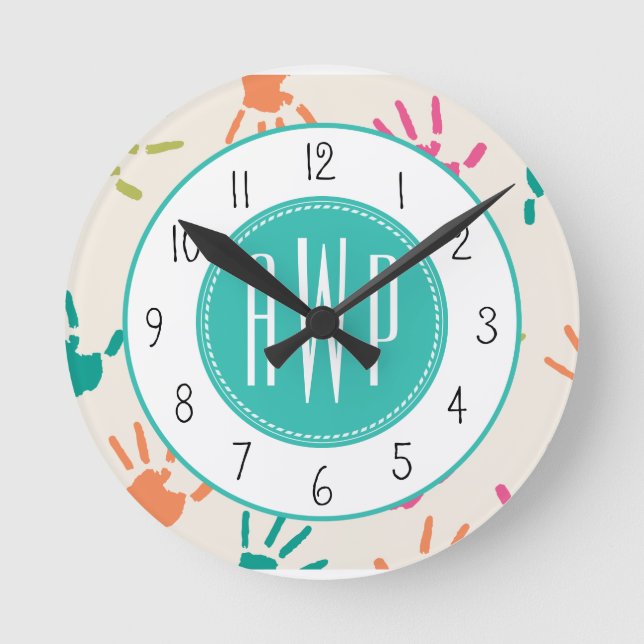 Colorful Handprints Monogram Teacher Round Clock (Front)