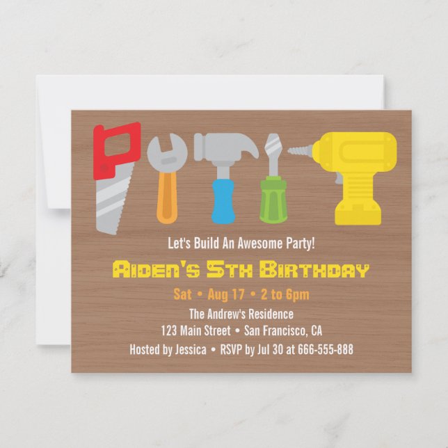 Colorful Handyman Tools Birthday Party Invitations (Front)