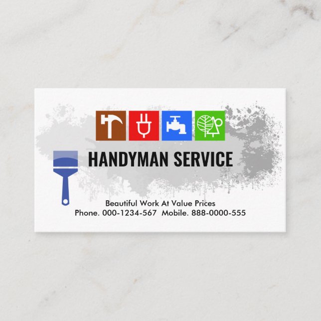Colorful Handyman Tools Paint Splatter Business Card (Front)