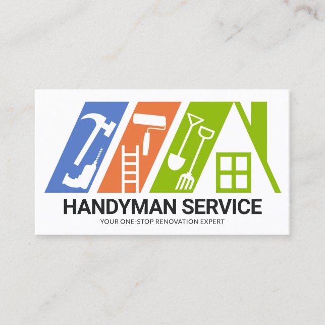 Colorful Handyman Tools Rooftop Building Business Card (Front)