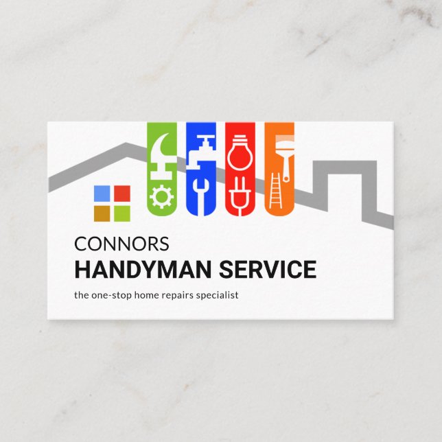 Colorful Handyman Tools Tab On Roof Business Card (Front)