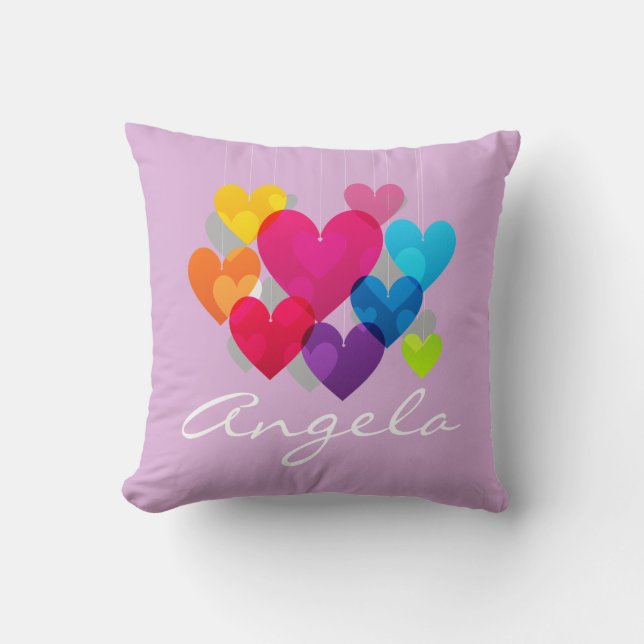Colorful Hanging Hearts Personalized Throw Pillow (Front)