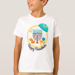 Colorful Hanukkah T-Shirt<br><div class="desc">Bright,  colorful Hanukkah design with menorah,  gelt,  dreidel,  sufganiyah donuts,  and yamaka.</div>