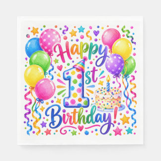 Colorful Happy 1st Birthday Balloons & Cake Party  Napkins