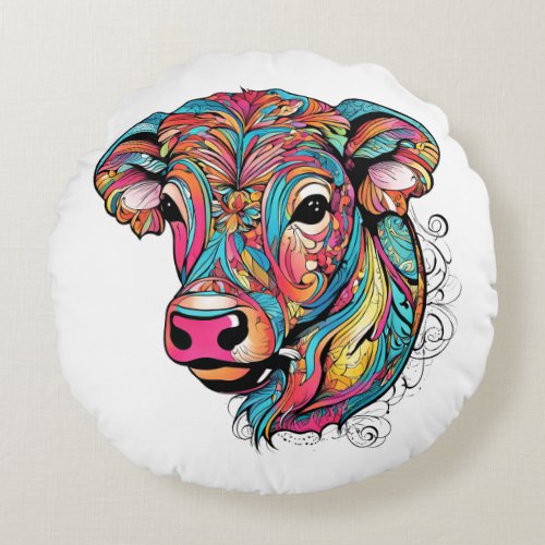  Colorful Happy Baby Cow Round Pillow