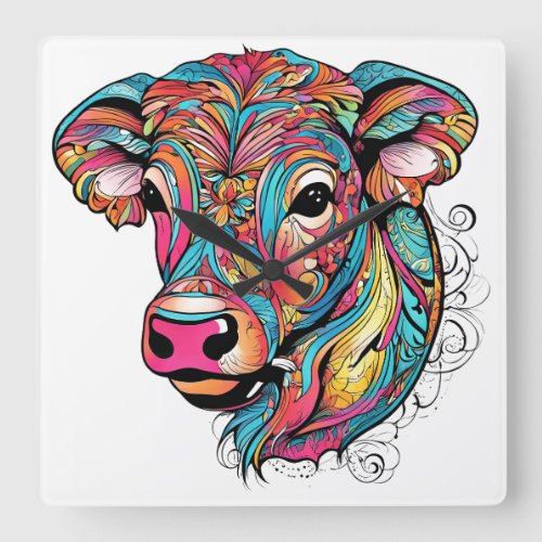  Colorful Happy Baby Cow Square Wall Clock