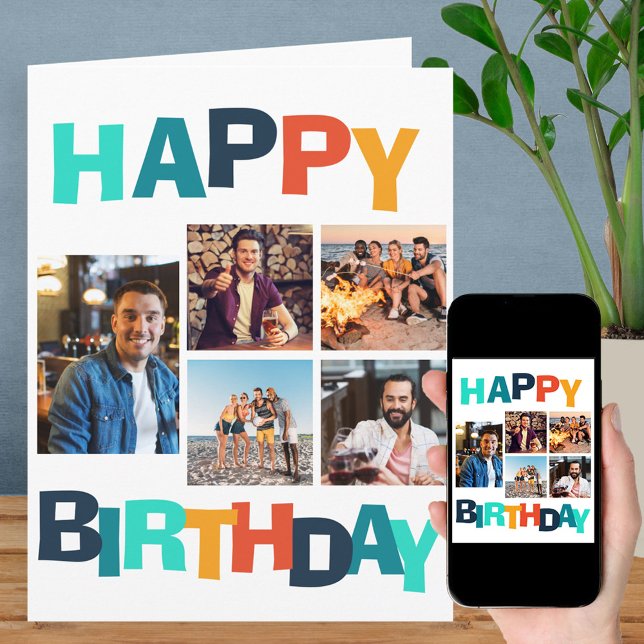 Colorful Happy Birthday 5 Photo Collage Card (Creator Uploaded)