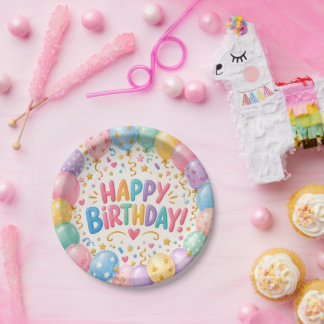 Colorful Happy Birthday Balloon Paper Plates