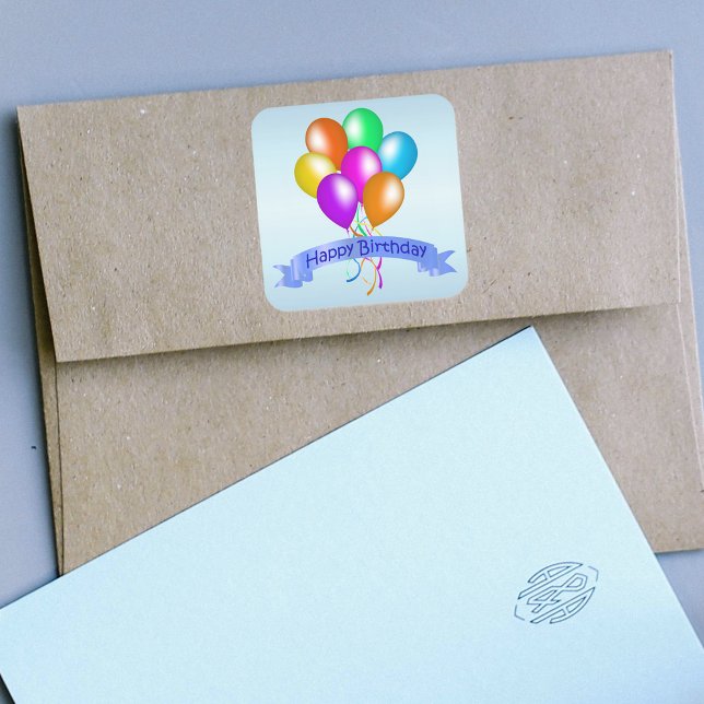 Colorful Happy Birthday Balloons Banner Party Square Sticker (Bright festive colourful balloons with streamer and Happy Birthday banner on blue paper sticker.)
