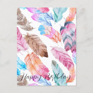 Colorful Happy Birthday Boho Feathers Postcard
