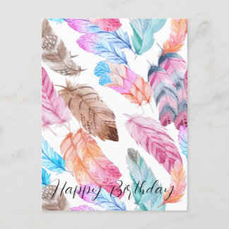 Colorful Happy Birthday  Boho Feathers Postcard