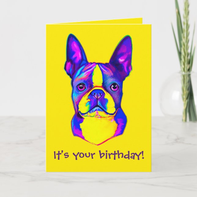 Colorful Happy Birthday Boston Terrier Card (Front)